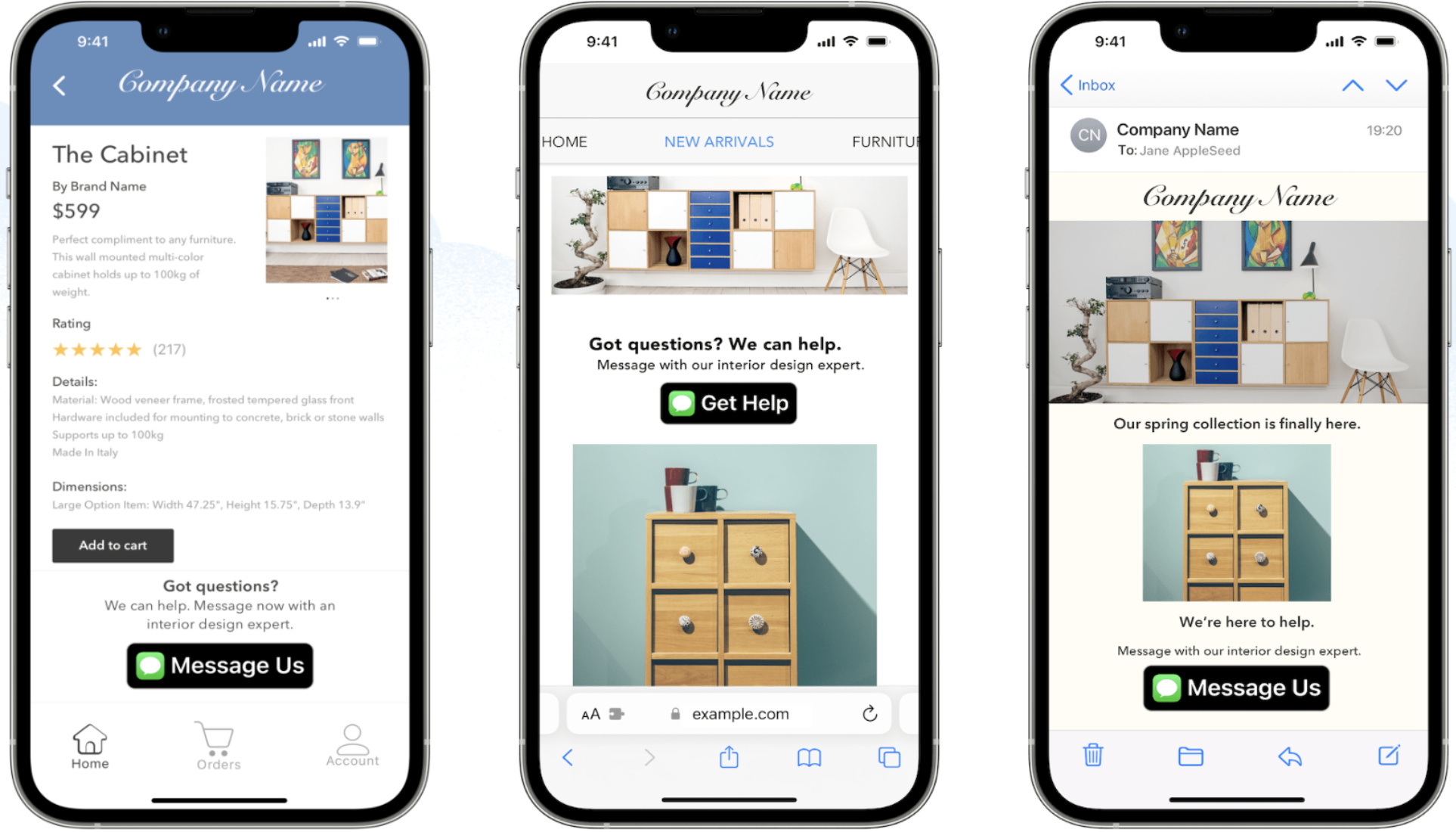 三部手机，显示网站、手机和电子邮件中的屏幕，其中包含 Apple Messages 的消息用户链接