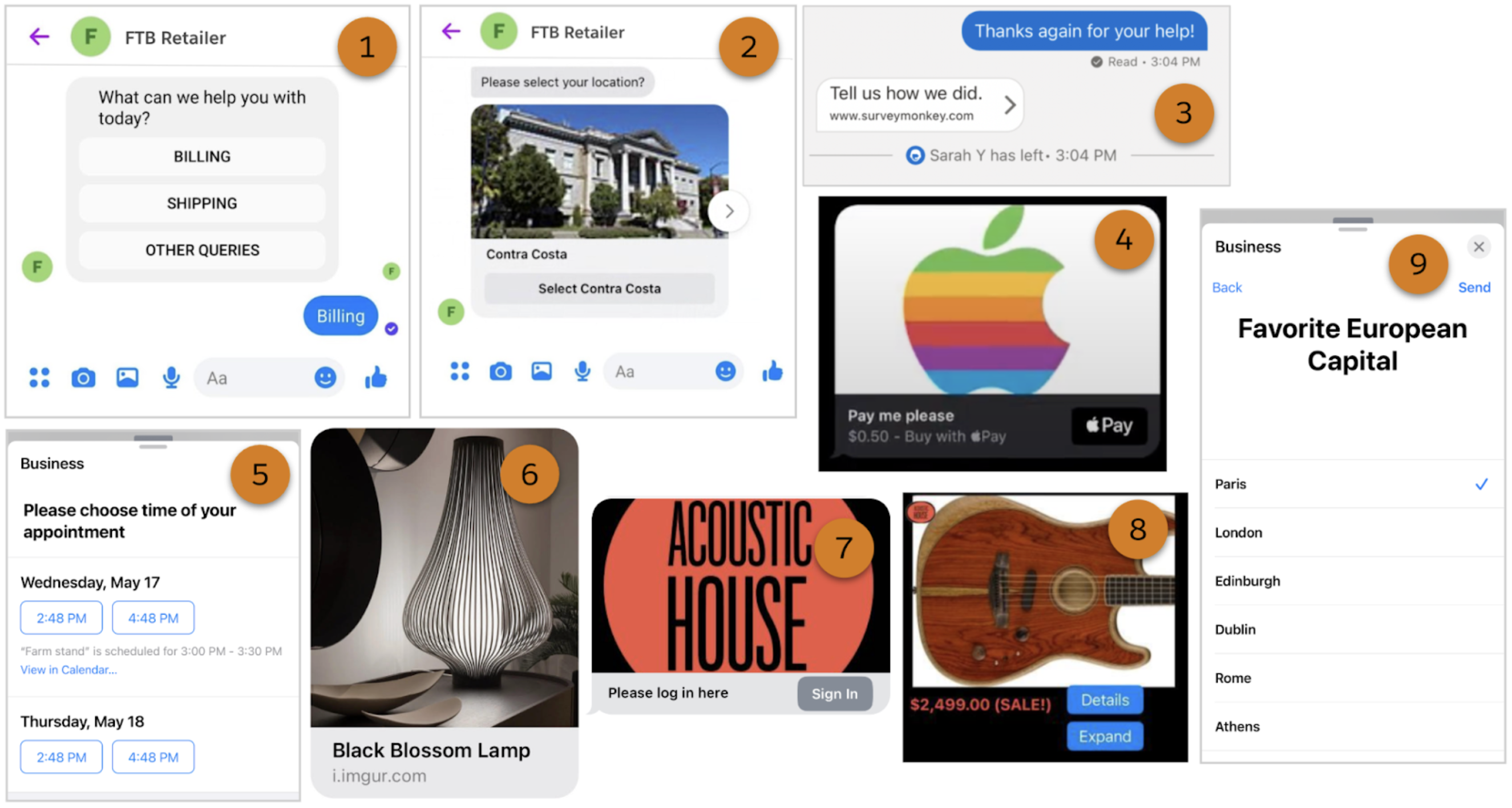 Facebook Messenger 對話中使用五個元件類型的螢幕快照