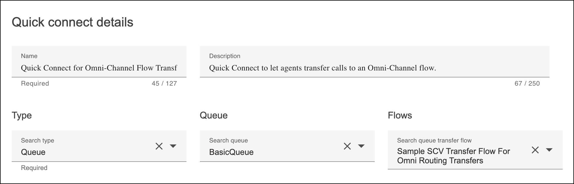 針對「快速連線」詳細資料,「類型」為 Queue、Queue 為 BasicQueue,且所選的「流程」為 Omni 路由轉移的範例 SCV 轉移流程