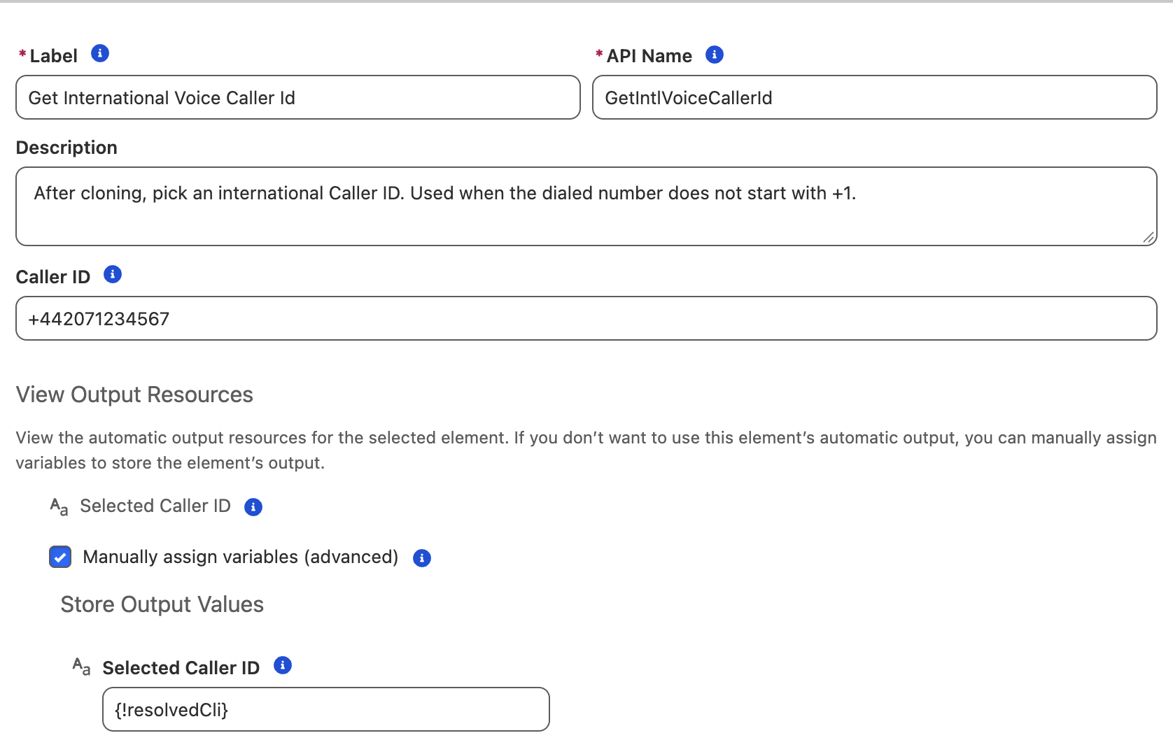Get International Voice Caller Id action with an international Caller ID entered and the output stored in resolvedCli