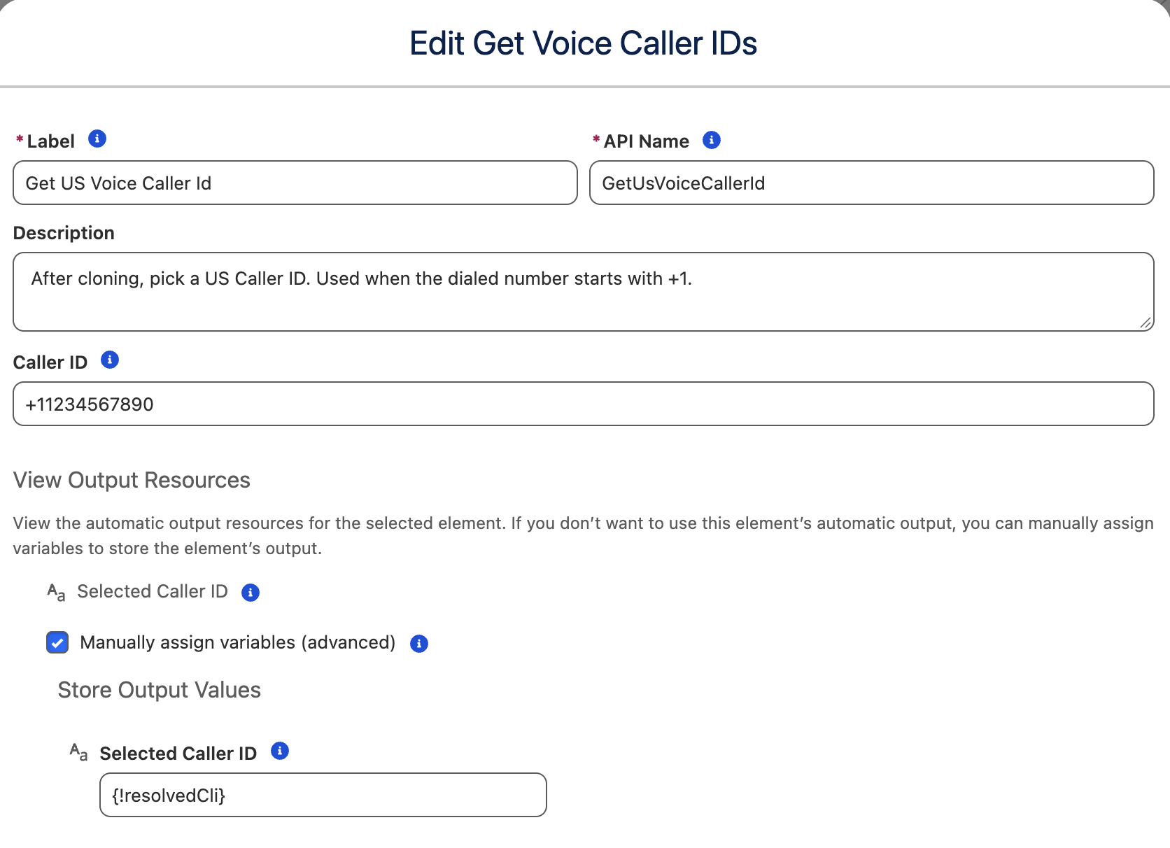 Edit Get Voice Caller IDs window for the Get US Voice Caller Id action, with a US Caller ID entered and the output stored in resolvedCli