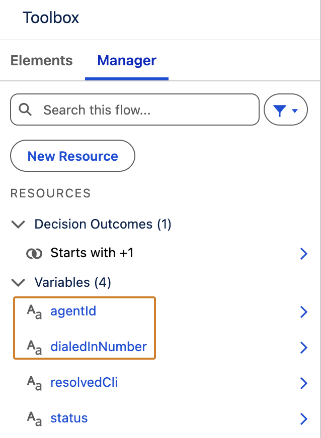 Flow Builder Toolbox Manager tab showing the agentId and dialedInNumber variables highlighted