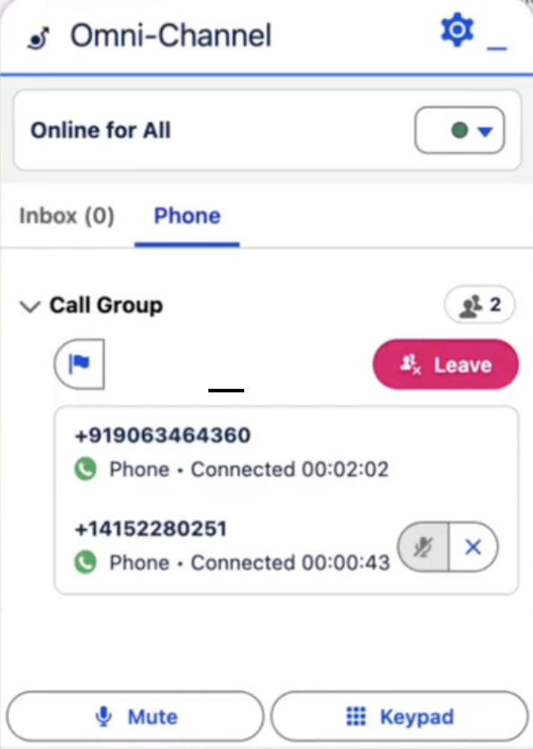 Omni-Channel Phone tab showing a call group with two connected participants and the Leave button