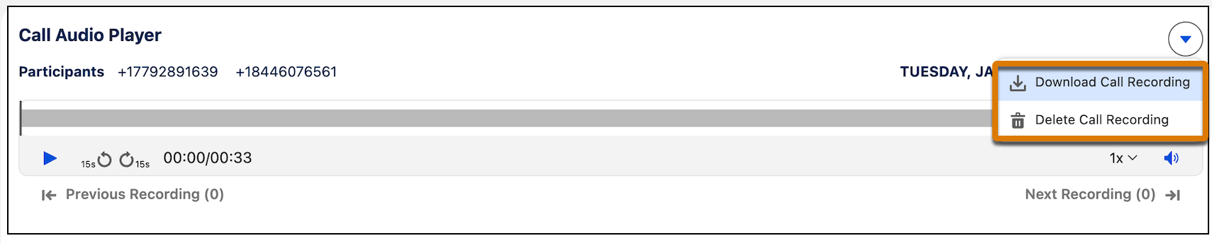 Alternativer for å laste ned eller slette et samtaleopptak fra samtalelydspilleren.