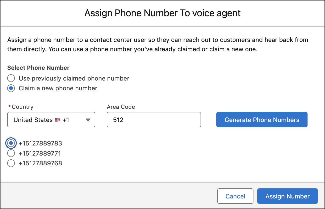 Reivindique um novo número de telefone inserindo o código de país e o código de área e selecionando Gerar números de telefone e selecionando um na lista