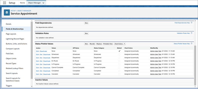The Service Appointment Fields and Relationships page is open. The Status Picklist values are shown.