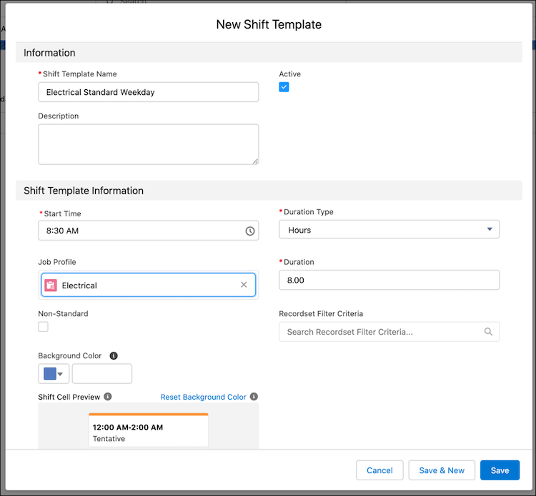 New shift template screen