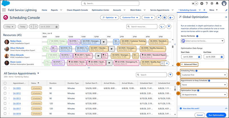 Global Optimization side panel showing the Advanced Filters section