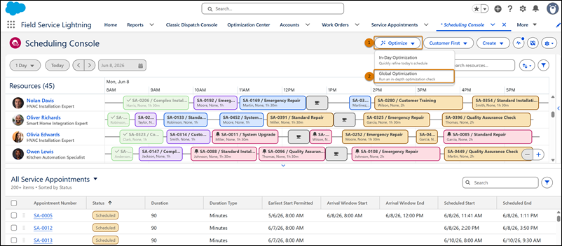 Scheduling Console header showing the Optimize action and dropdown