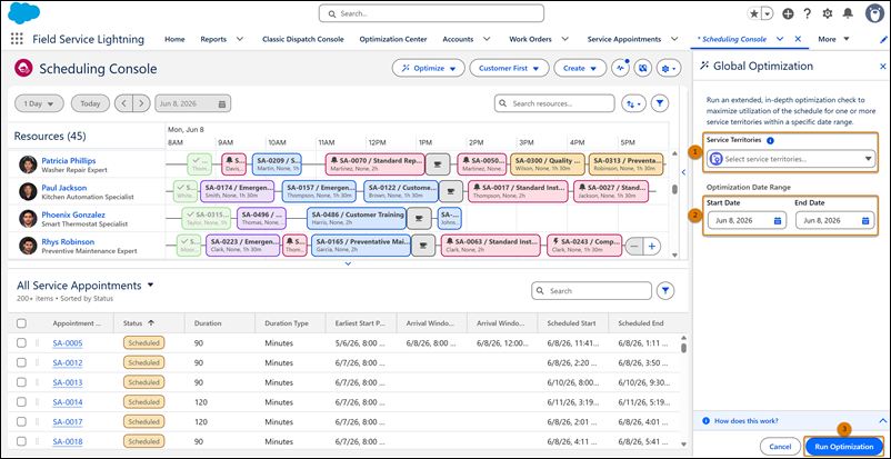 Global Optimization side panel showing the service territory selection, date range selection, and the available actions