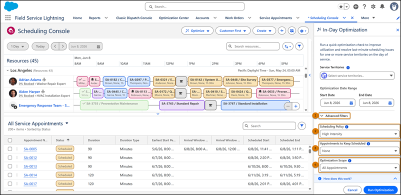 In-Day Optimization side panel showing the Advanced Filters section