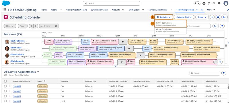 Scheduling Console header showing the Optimize action and dropdown