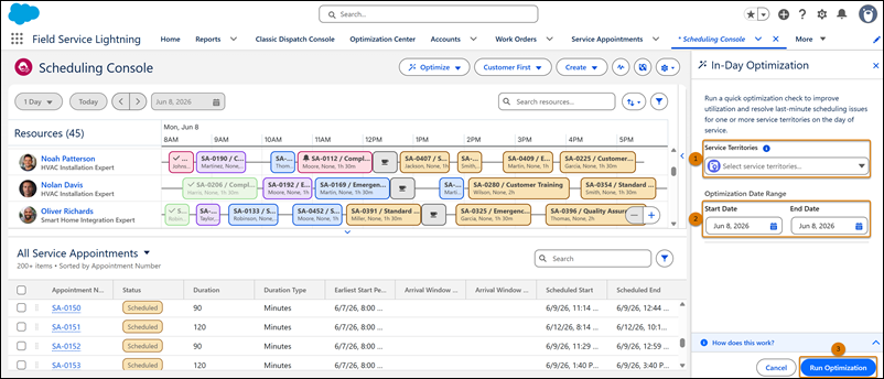 In-Day Optimization side panel showing the service territory selection, date range selection, and the available actions