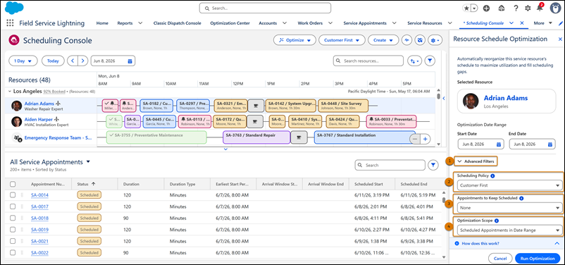 Resource Schedule Optimization side panel showing the Advanced Filters section