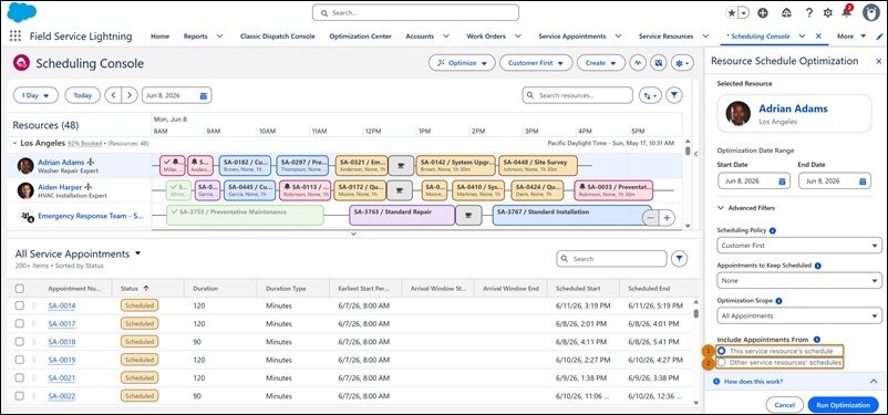Resource Schedule Optimization side panel showing the Include Appointments From options in the Advanced Filters section