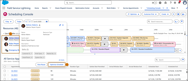 Service resource popover showing the Optimize Schedule action