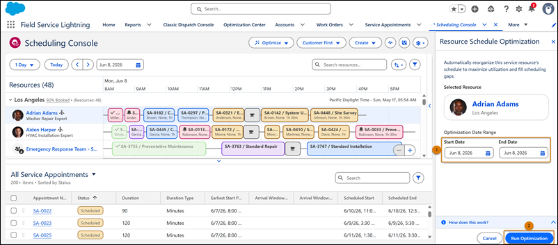 Resource Schedule Optimization side panel showing the date range selection and the available actions