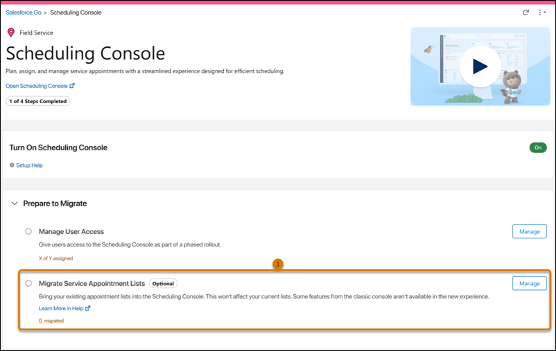 Scheduling Console Salesforce Go page showing the Migrate Service Appointment Lists option in the Prepare to Migrate section