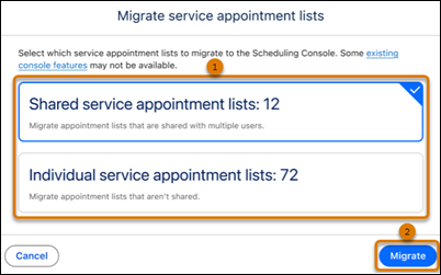 Migrate Service Appointment Lists dialog showing the types of appointment lists to migrate