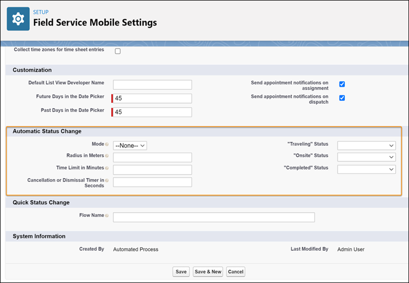 Automatic Status Change settings