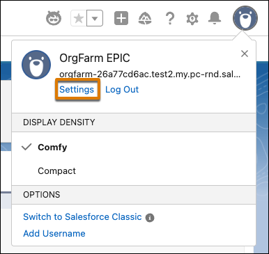 Settings option in user profile
