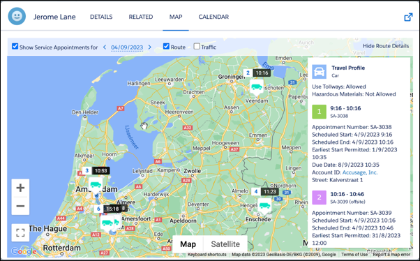 A screenshot of the service resource map showing two service appointments marked as offsite