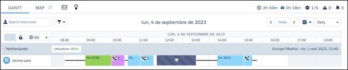 A screenshot of the service resource map that showing two service appointments marked as offsite