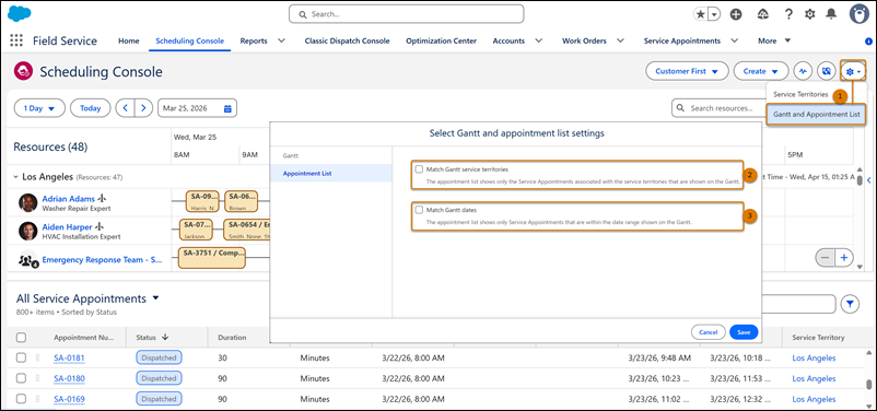 Settings panel showing Appointment List settings for matching Gantt service territories and dates