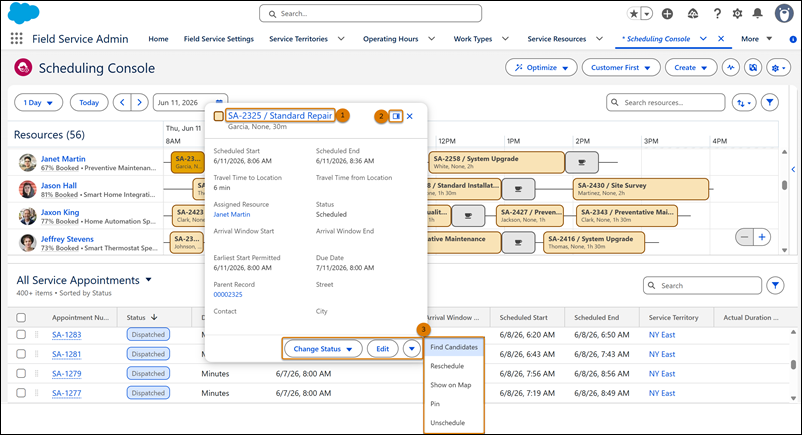 Service appointment popover showing information, controls, and available actions