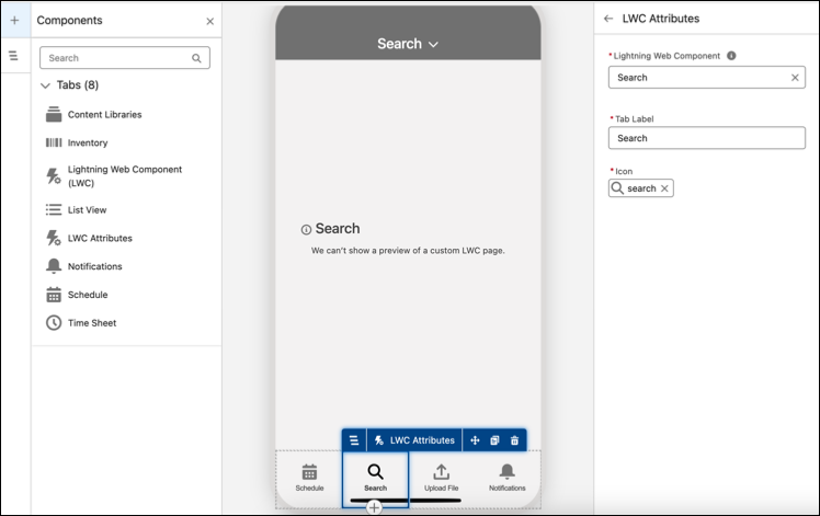 Search tab in the Field Service Mobile App Builder