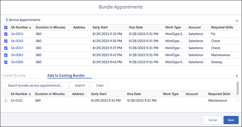 Bundle Appointments window with Add to existing bundle option selected