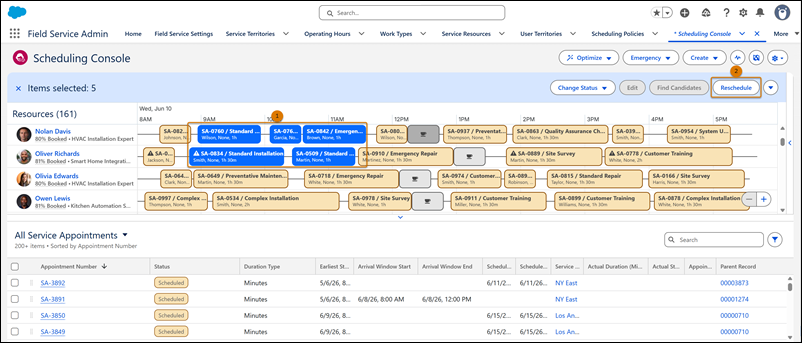 Gantt showing selection of multiple service appointments