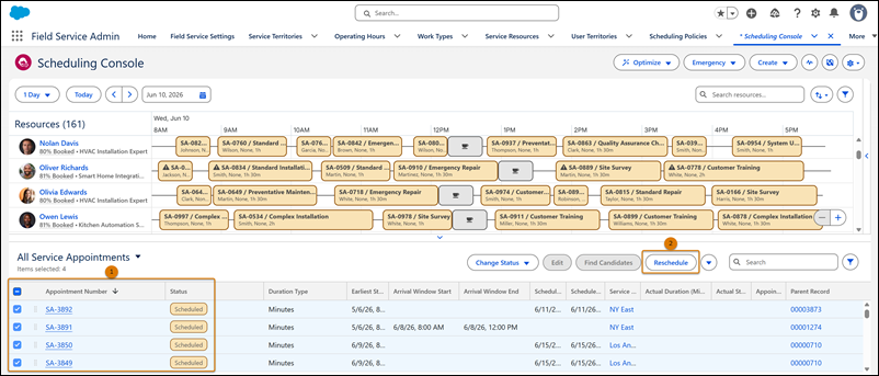 Service appointment list showing selection of multiple service appointments