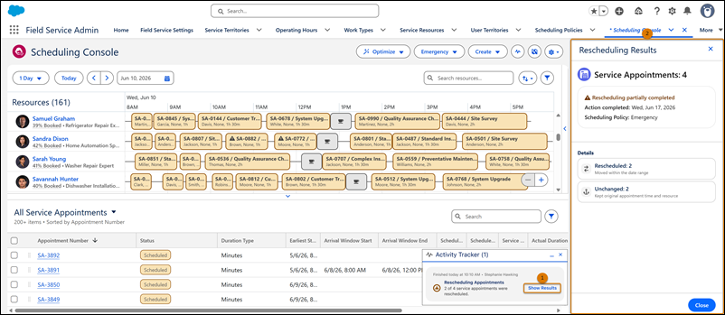 Rescheduling Results side panel showing the rescheduling results