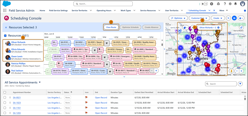 Service resources selected from Gantt with View Route action and routes showing on map