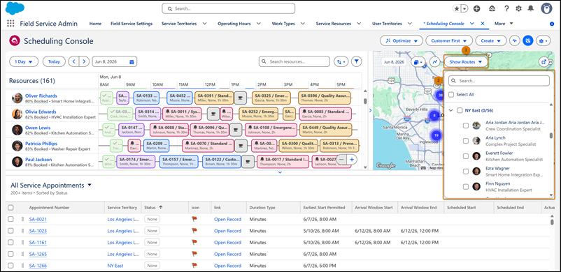 Show Routes action on the map with the service resources and service territories dropdown showing
