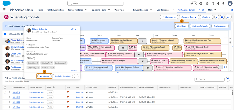 Service resource popper and action menu showing the View Route action