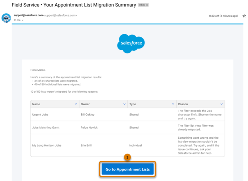 Migration summary email showing the details of the migration