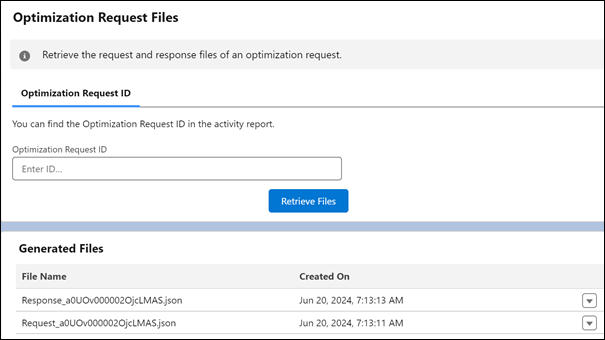 Interfaz de usuario de Archivos de solicitud de optimización