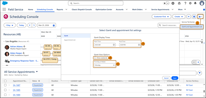 Panel Configuración mostrando opciones de vista de Gantt incluyendo horas de visualización, fines de semana y primer día de la semana