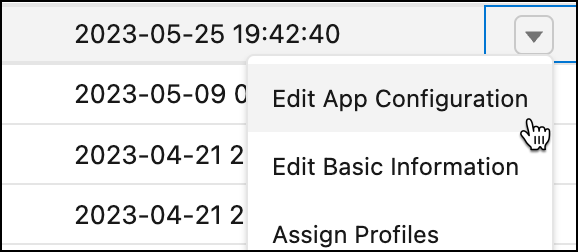 Panel de configuraciones de aplicación que muestra la opción Modificar configuración de aplicación seleccionada del menú desplegable
