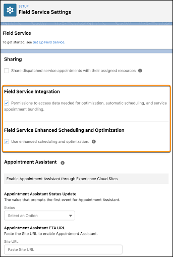 Página de configuración de Field Service con las funciones Integración y Optimización y programación mejoradas activadas.