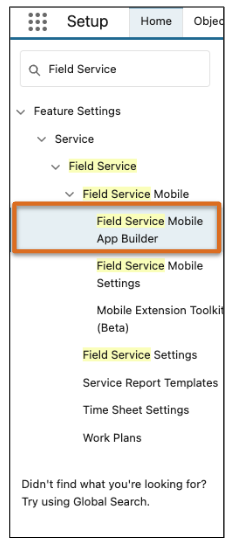 Pantalla Búsqueda rápida abierta con el Generador de aplicaciones móviles Field Service resaltado en la lista