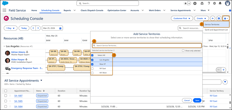 Panel Configuración mostrando opciones de selección de Territorios de servicio