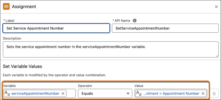 serviceAppointmentNumber-variabelen i elementet Angi tjenesteavtalenummer i flytene