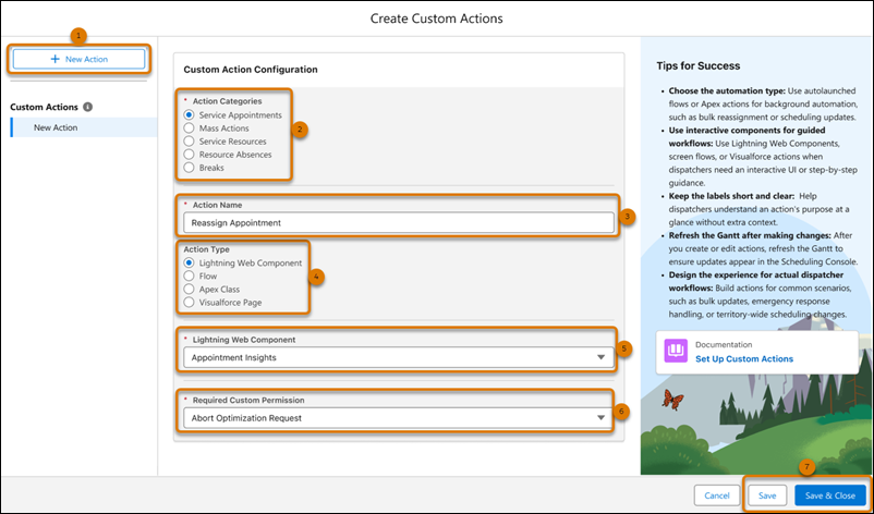 Dialoogvenster Aangepaste acties maken met configuratieopties