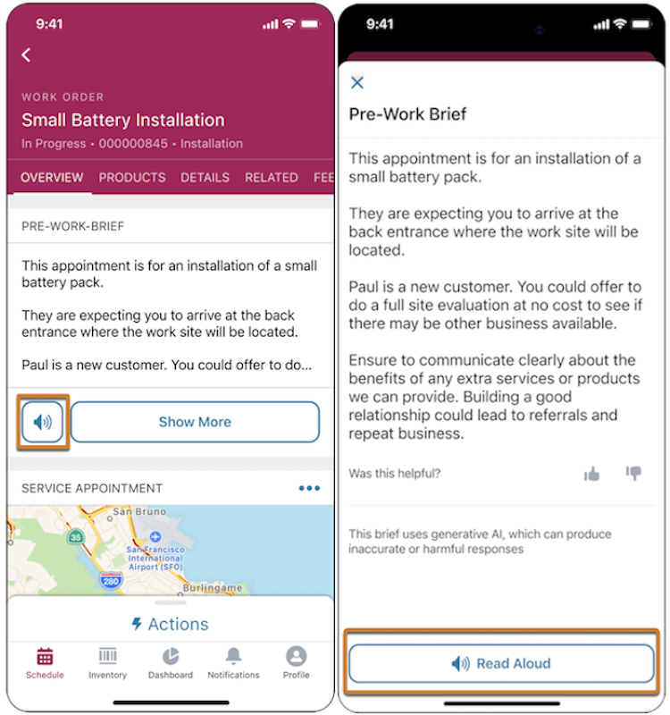 Resumo pré-trabalho no aplicativo Field Service Mobile