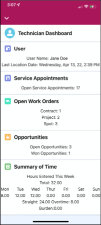In der mobilen Anwendung geöffnetes Dashboard für Techniker