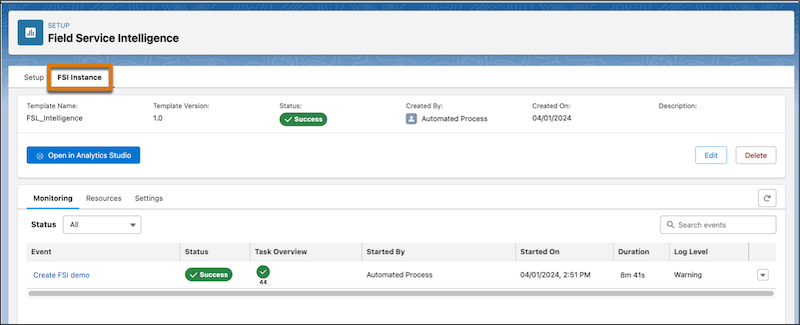 The app management tab for a Field Service Intelligence instance.