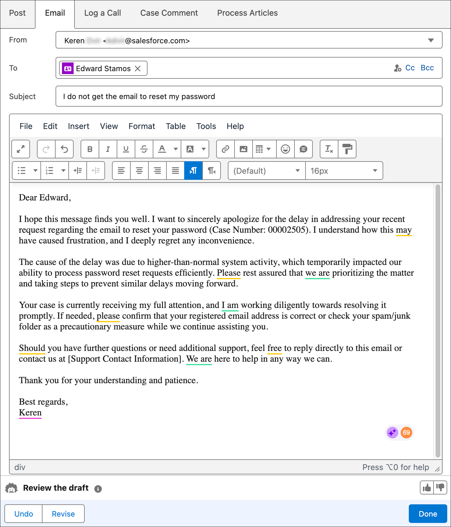 Der E-Mail-Composer, der den vorgeschlagenen E-Mail-Entwurf anzeigt.